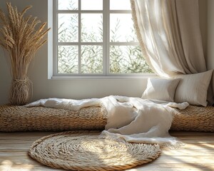 Cozy, sunlit room with woven textures