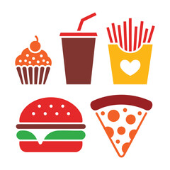 Delicious fast food icons including burger pizza fries cupcake and soda drink