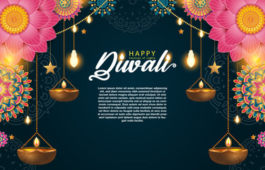 elegant happy diwali background with lights and mandala decoration