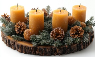A circular wooden candle centerpiece with pine cones and candles