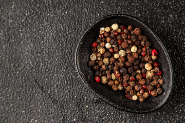 Peppers peas seasoning mix spices types of peas white, black, green, pink spices tasty snack fresh delicious gourmet food background on the table rustic top view copy space