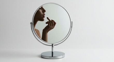 Woman applying lipstick while looking in a mirror on white background