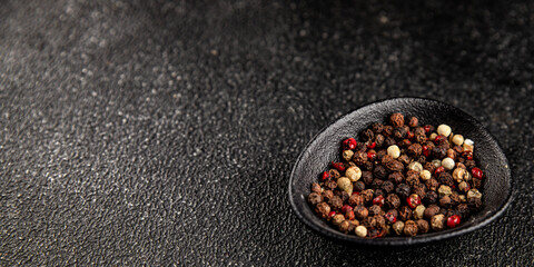 Peppers peas seasoning mix spices types of peas white, black, green, pink spices tasty snack fresh delicious gourmet food background on the table rustic top view copy space