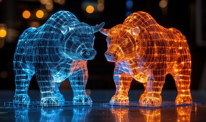 Two glowing, wire-frame bull figures, one blue, one orange, facing each other.  Abstract, digital art