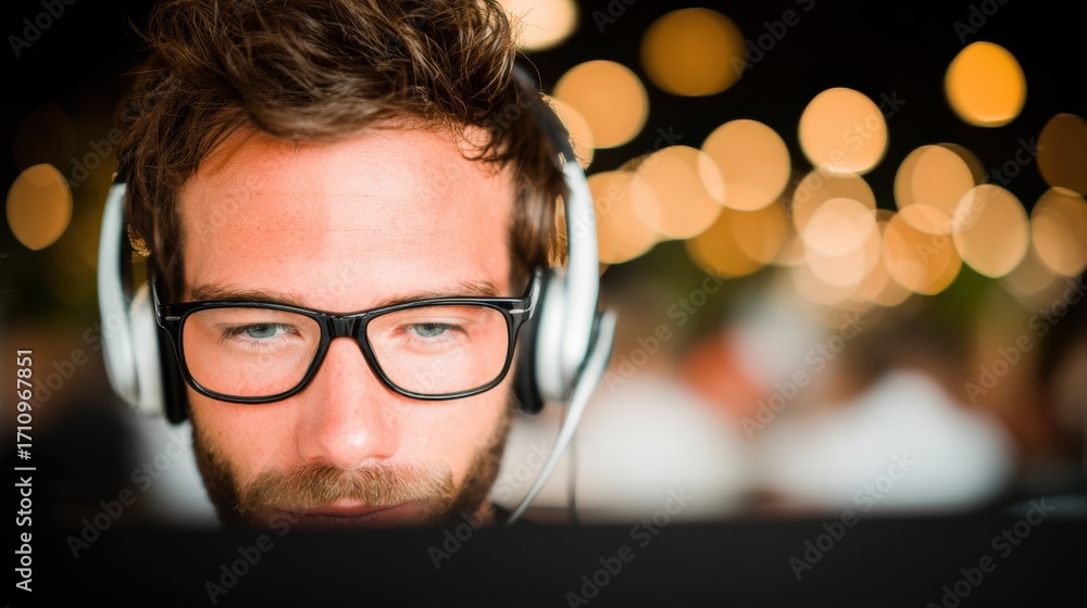 Poster man with glasses using laptop in a busy cafe with warm bokeh lights