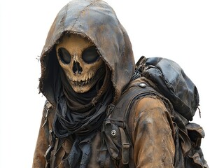 A hooded figure with a skull mask, appearing weathered and worn