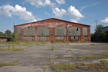 Old brick warehouse building with broken windows sitting empty and derelict