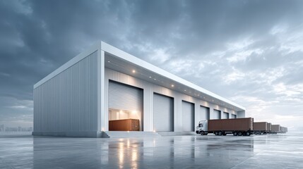 Fototapeta premium Industrial Architecture and Logistics: A modern, minimalist warehouse with open loading docks and semi-trailer trucks, showcasing efficiency and precision in logistics operations against a dramatic.