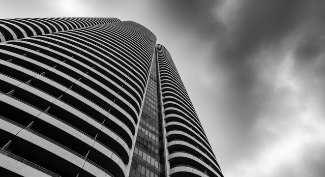 Modern curved skyscraper against dramatic cloudy sky in black and white