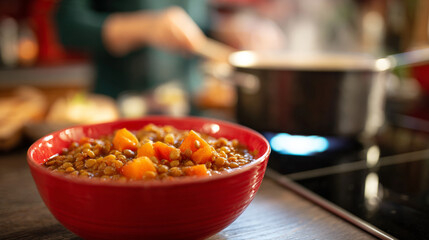 Hearty Lentil Stew with Carrots in a Red Bowl