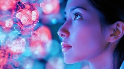 Close-up view of a person gazing at scientific imagery.