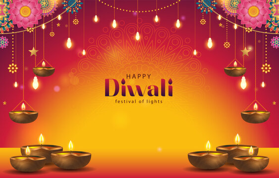beautiful happy diwali background with lights and mandala decoration