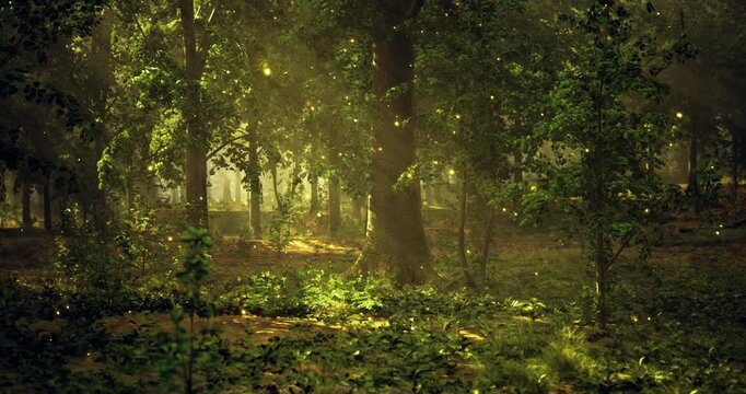 Majestic trees tower over a serene forest floor, softly lit by thousands of glimmering fireflies at dusk, creating a magical atmosphere filled with wonder and tranquility.