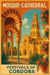 Fototapeta premium Poster art of the Mosque-Cathedral in Córdoba, Spain, with striped arches, bell tower, and inner courtyard full of flowers and palm trees beneath blue sky