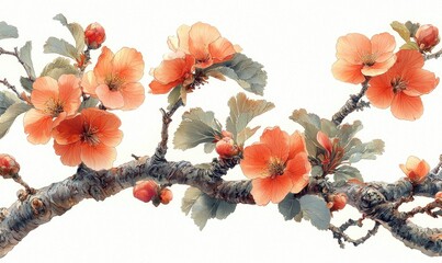 Peach blossoms on branches, painted in a detailed style