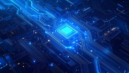 Intricate circuit board design with glowing blue lines and a central processor chip showcases a complex technological structure.