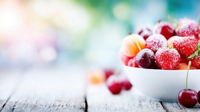 Fresh fruits in a white bowl on a wooden table outdoors in bright sunlight