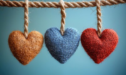 Three colorful fabric hearts hang from a rope against a soft teal background