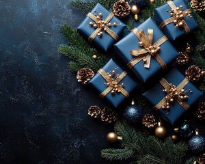 Dark blue gift boxes with gold accents and pine branches.  Christmas themed