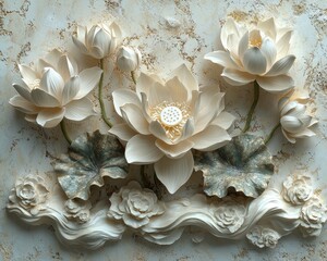 Ornate lotus flower arrangement in beige and cream tones.  3D effect on textured background