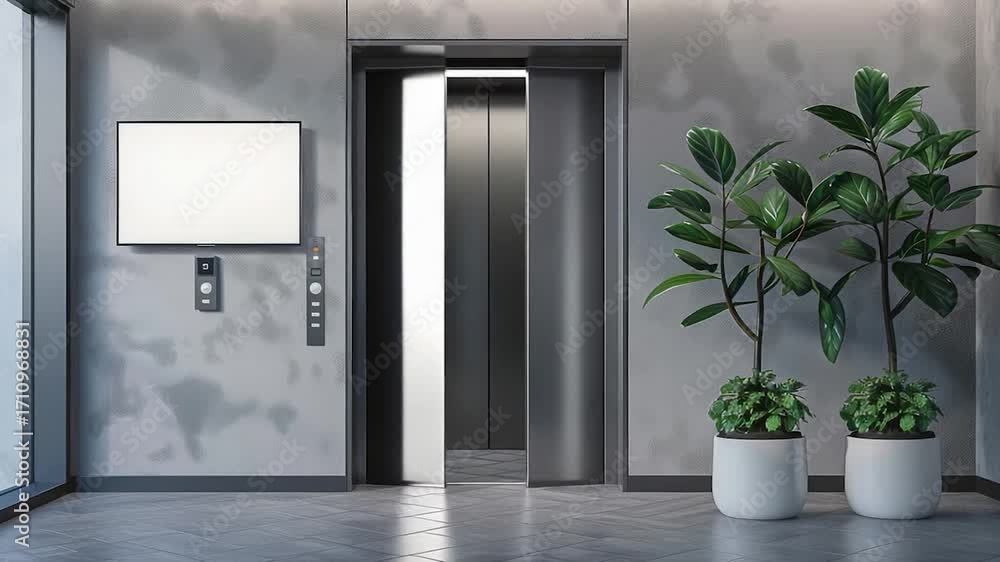 Poster an elevator with two planters in front, suitable for interior design or architecture images