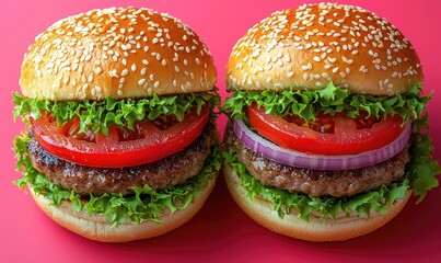Two juicy hamburgers on a pink background. Close-up view of the burgers