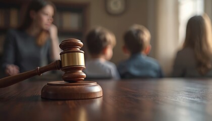 Judge gavel on desk. Blurred background shows mother and two children. Courtroom scene implies family law case or custody dispute. Justice system decision.