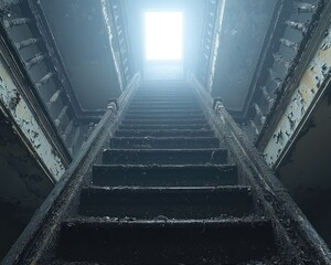 A decaying staircase leading to a bright light source