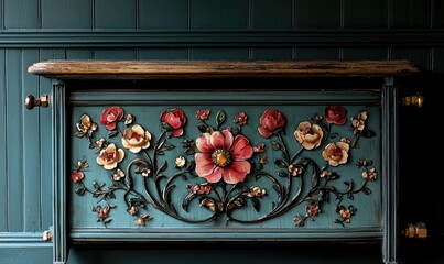 Ornate wooden cabinet with floral carvings.  A teal-colored cabinet with detailed flower carvings