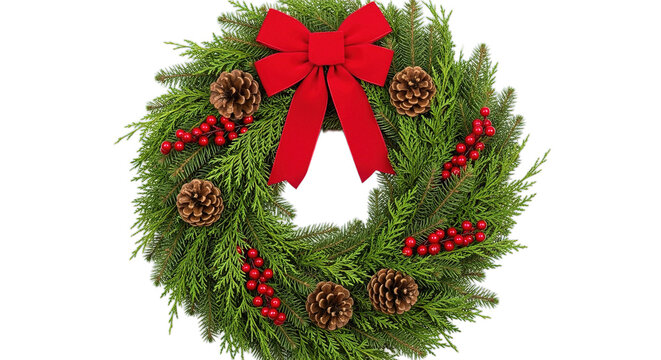 Festive Christmas Wreath Decoration with Red Bow Pine Cones and Berries Isolated on Transparent Background - Powered by Adobe