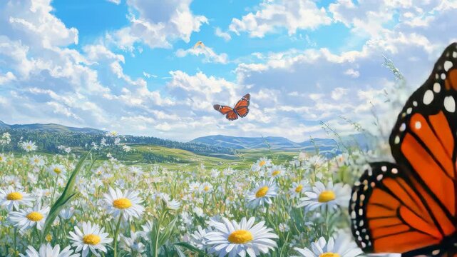 Butterflies flutter over a field of daisies under a bright blue sky with fluffy white clouds, Butterflies flutter over a field of daisies on a beautiful summer day