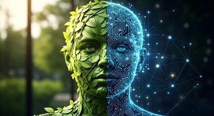 Striking fusion of human organic nature and advanced digital technology represents future progress