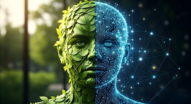 Striking fusion of human organic nature and advanced digital technology represents future progress