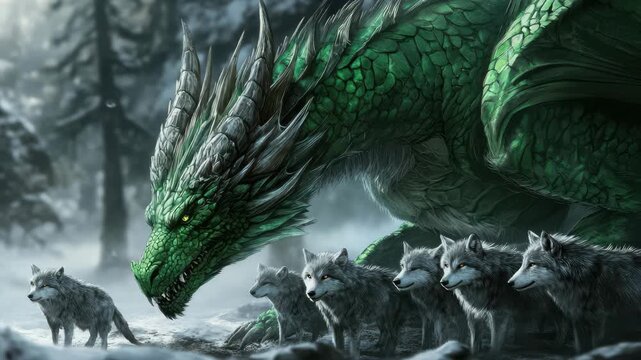Green dragon interacts with a pack of wolves in a snowy forest at dusk, Realistic green dragon and pack of wolves
