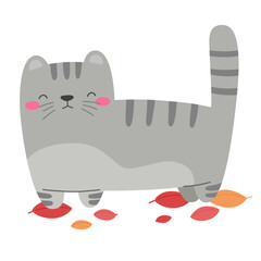 Happy cat in autumn leaves, cute autumn cat. Flat style.