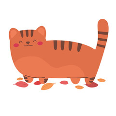 Happy cat in autumn leaves, cute autumn cat. Flat style.
