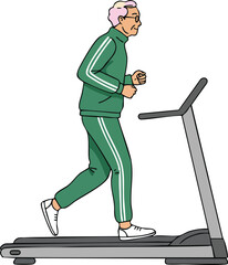 Elderly man jogging on treadmill in green tracksuit indoor fitness exercise vector illustration 