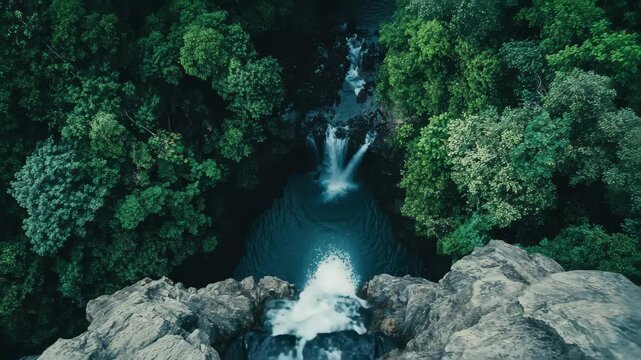 Water cascades down Chamarel Waterfall in Mauritius surrounded by lush greenery, Chamarel Waterfall at Mauritius, camera pitching down, discovering full scene from above