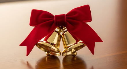 Two golden bells adorned with a vibrant red bow resting on a polished wooden surface creating festive cheer