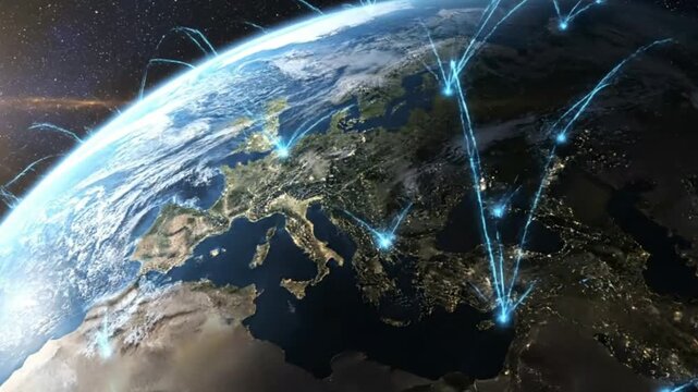 Global digital network connections over Earth planet with glowing data lines