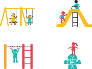 Set of children playground activities vector with swings, slide, monkey bars, and hopscotch for outdoor fun, physical exercise, and childhood recreation design