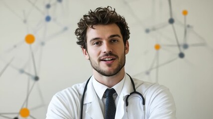 Network of connections illustrated by icons with smiling male medical professional against a light background, network of connections with icons over caucasian male doctor - Powered by Adobe