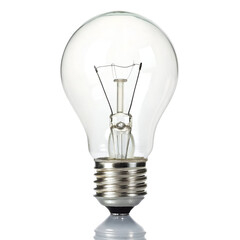 Clear Incandescent Light Bulb with Filament Visible on a White Background glass