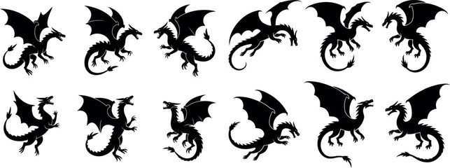 This image displays a series of black silhouettes of dragons in various dynamic poses, some with wings spread and others in more compact forms.