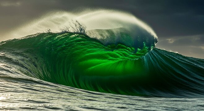 A large green wave cresting in the ocean with a dark sky in the background and white spray visible