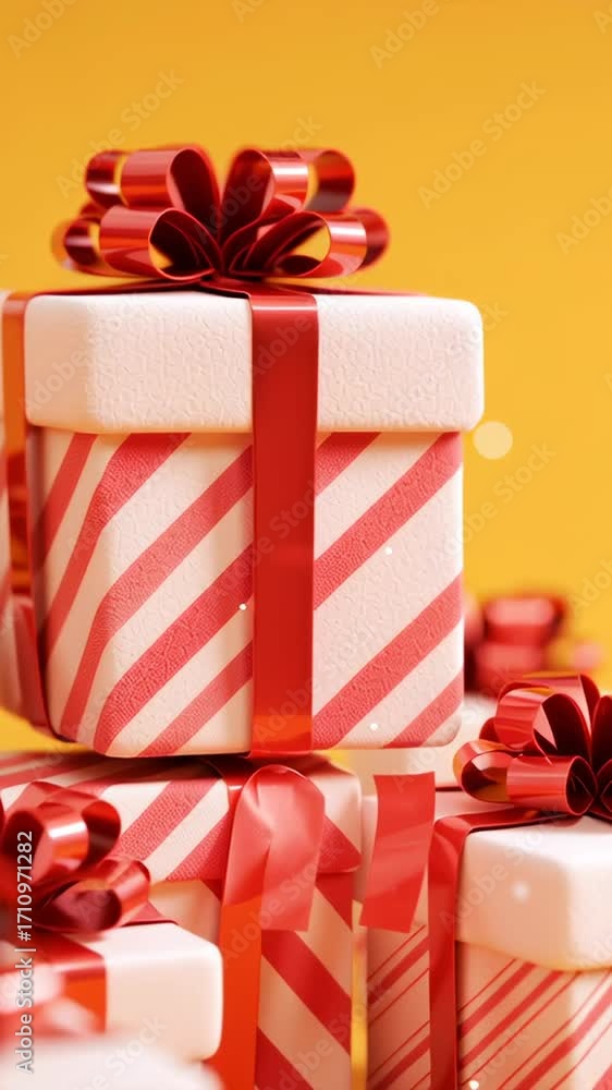 Poster a stack of white and red boxes with red bows on top. the boxes are stacked on top of each other, cre
