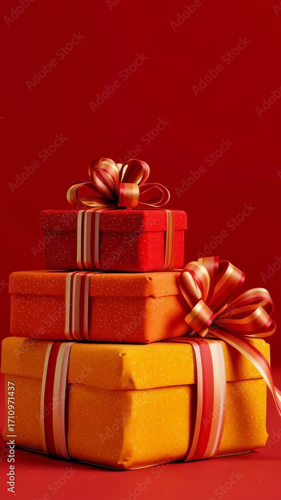 Poster three boxes stacked on top of each other, each one decorated with a ribbon and a red bow