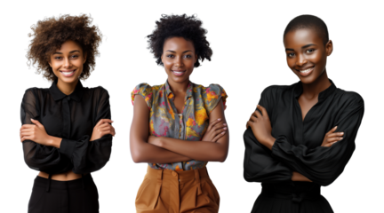 Three women showcasing diverse hairstyles and expressions, celebrating individual beauty and confidence against a transparent background