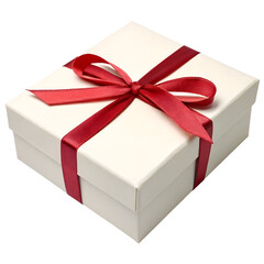 Fototapeta premium Elegant White Gift Box Tied with a Red Satin Ribbon and Bow present white box