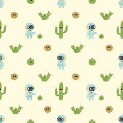 Cute seamless vector pattern with smiling robots watering friendly cacti in the desert. Playful cartoon design perfect for kids’ textiles and decor.